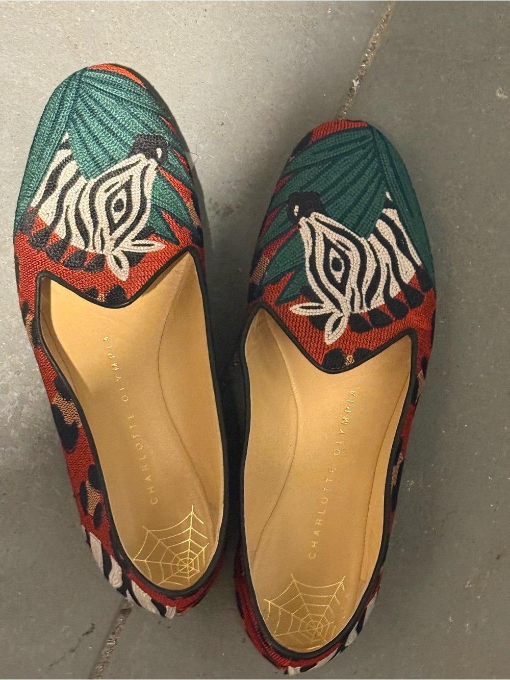 Charlotte Olympia Embroidered Zebra Motif Flats in Green, Red & Tan size 37